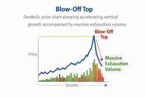 Chart of a Blow-off Top showing vertical price acceleration and massive exhaustion volume