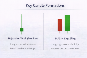 Diagram of Rejection Wick (Pin Bar) and Bullish Engulfing patterns on a stock chart