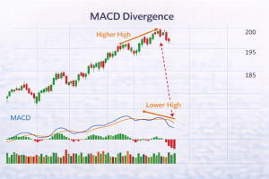 Stock chart illustrating MACD bearish divergence with price making higher highs and MACD making lower highs