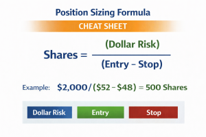 Position Sizing Cheat Sheet showing the formula for calculating share size based on risk