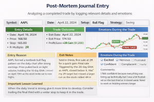 Sample trading journal template showing post-mortem analysis with emotional states and metrics
