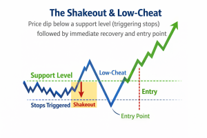 Chart illustrating a Shakeout pattern and a Low-Cheat entry point within a base