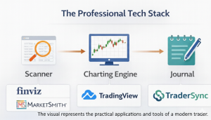 Diagram of a professional trading tech stack including scanners, charting platforms, and journaling software