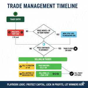 Flowchart of the mid-trade decision process including breakeven triggers and selling in thirds
