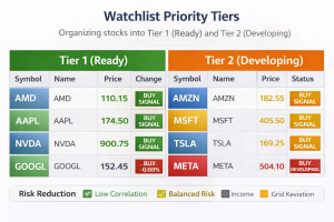 Trading dashboard showing Watchlist Priority Tiers with Tier 1 Ready and Tier 2 Developing categories